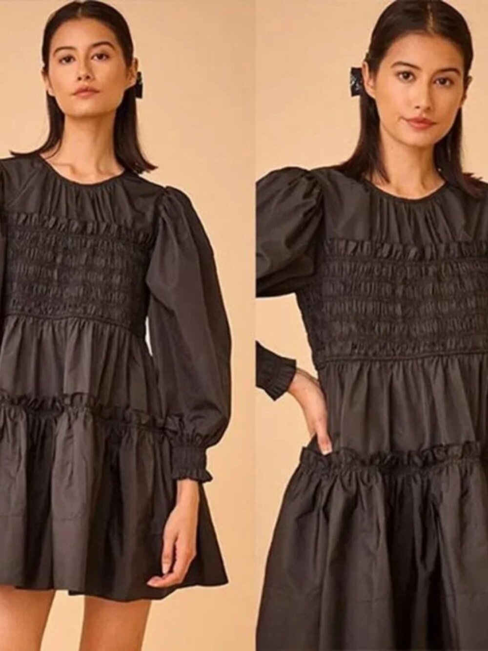 HUNTER BELL Arley Mini Dress SZ M Onyx Black Smocked Ruffle Puff Sleeve NWOT